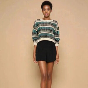 Juniors Knit Green and White Crew Neck Cropped Sweater XS Charlotte Russo